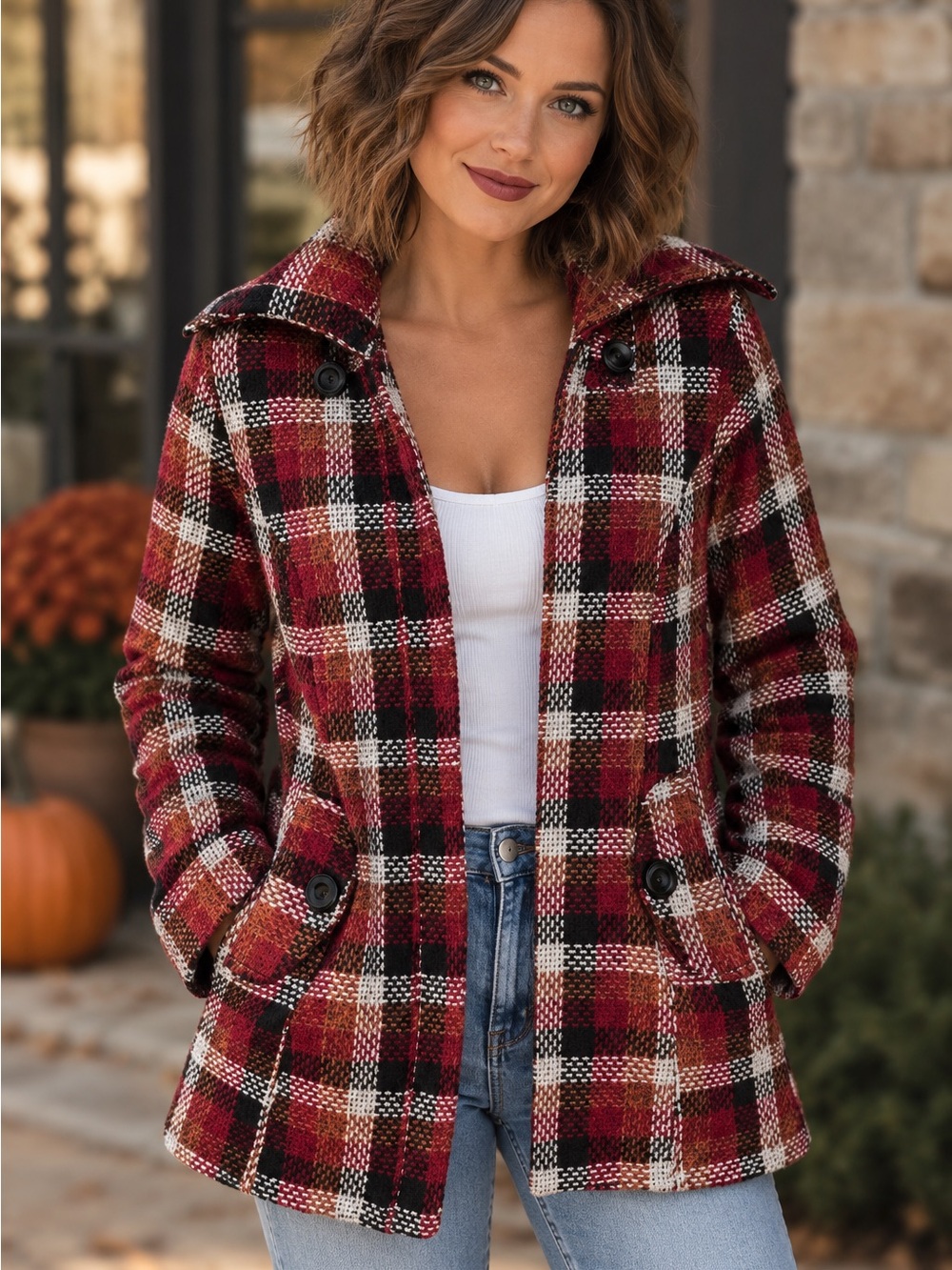 Love Stitch Red Plaid Hooded Pea Coat